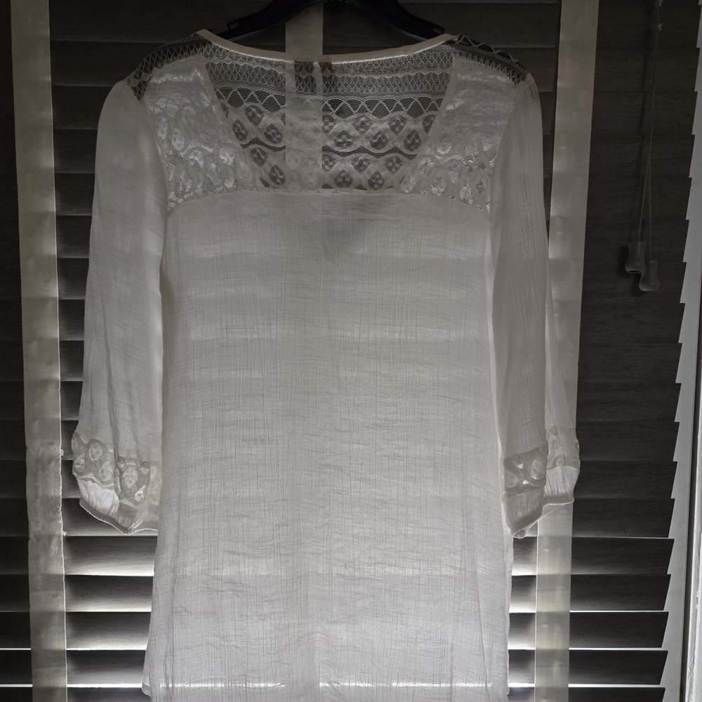 Ladies  Top Sz Large Gauzy White Lace Peasant Casual Dress Shirt  Womens Blouse